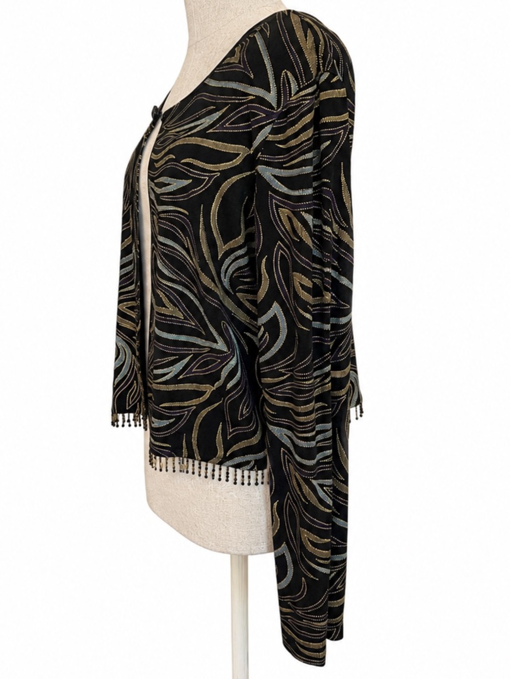 Vintage Beaded Fringe Bolero Jacket Metallic Evening Party Open Front Size 14 - Picture 2 of 14